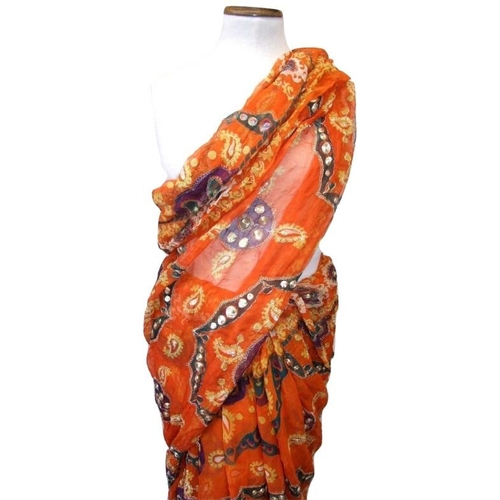 441 - Length of Orange Sari Silk decorated with gold thread embroidery detail