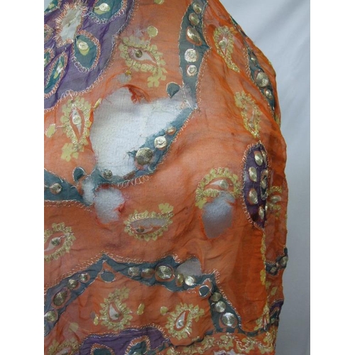 441 - Length of Orange Sari Silk decorated with gold thread embroidery detail