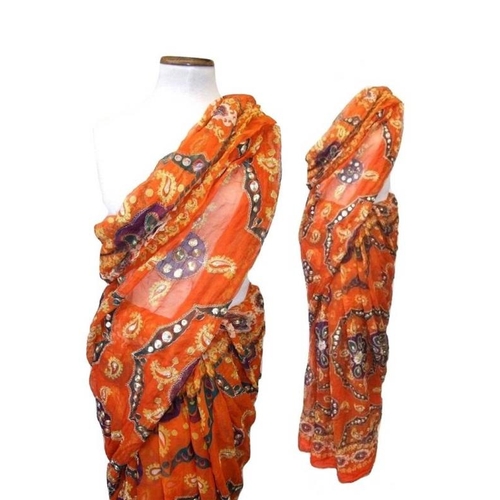 441 - Length of Orange Sari Silk decorated with gold thread embroidery detail