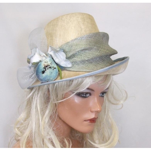 444 - Ladies Occasion Hat with duck egg blue trim & floral decoration in pink floral hat box