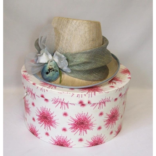 444 - Ladies Occasion Hat with duck egg blue trim & floral decoration in pink floral hat box