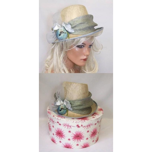 444 - Ladies Occasion Hat with duck egg blue trim & floral decoration in pink floral hat box