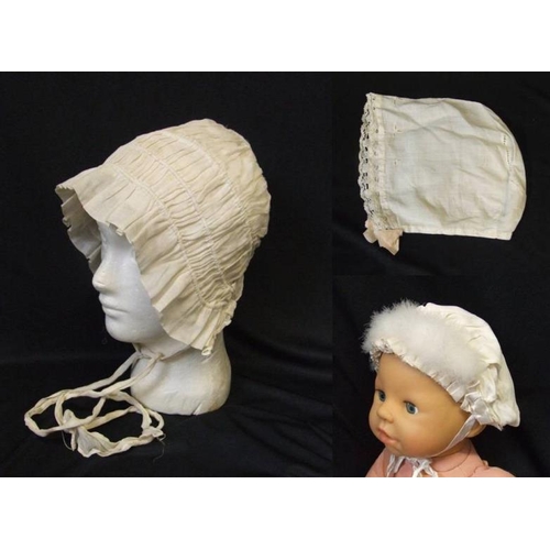 445 - Vintage Babies Silk Bonnet with goose down trim, Babies White Cotton Bonnet with lace trim & Girls M... 