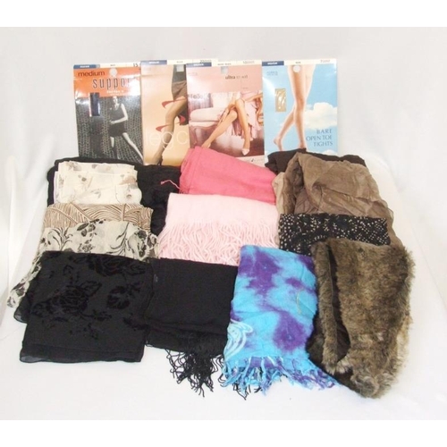 454 - Ladies Scarves, evening shawls, faux fur collar, 4 pairs ladies as new tights, 4 handbags incl. The ... 