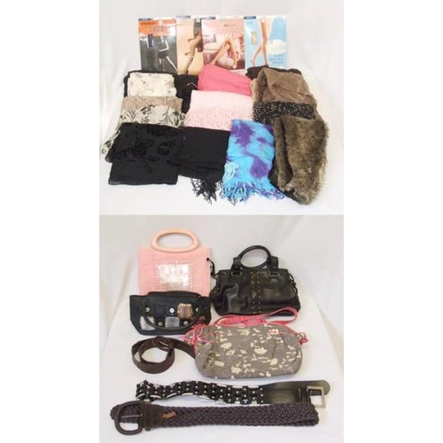 454 - Ladies Scarves, evening shawls, faux fur collar, 4 pairs ladies as new tights, 4 handbags incl. The ... 