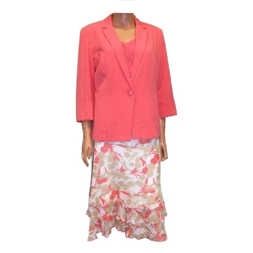 413 - Crealine Coral Skirt Suit: jacket & top size 14 & skirt size 10, Debenhams Pink Occasion Dress size ... 