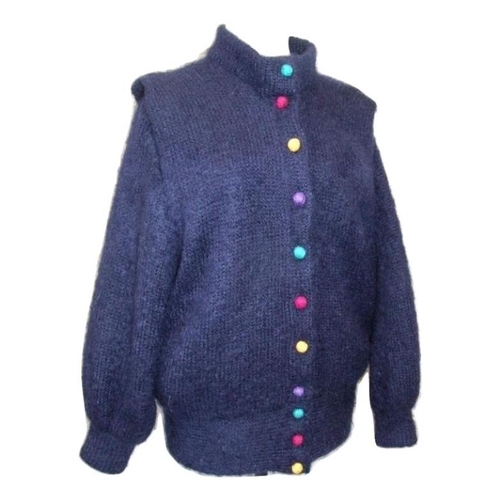 432 - Ladies Paula Blue Mohair Knit Cardigan with multi-coloured buttons, Busnel Marine Dark Blue Cardigan... 