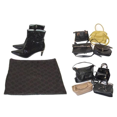 465 - Pair Ladies Gucci Black Patent Leather Ankle Boots, size 38 1/2 with dust cover & 8 Handbags incl. D... 