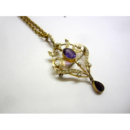 215 - Victorian 9ct. Gold Seed Pearl & Amethyst Pendant Brooch on belcher link chain