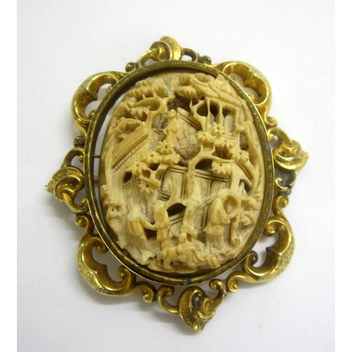 222 - C19th Victorian Chinese (Cantonese) Ivory Carved Brooch, deep relief figures on the veranda, pagoda ... 