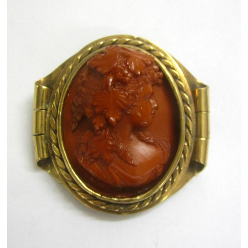 223 - Victorian C19th Cameo Brooch set yellow metal deep coral coloured plaque of young woman, her hair wo... 