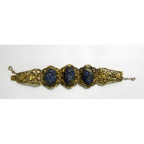 224 - Chinese White Metal Gilt Articulated Bracelet set with 3 carved blue & grey hardstone cabochon flowe... 