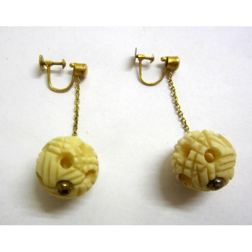 225 - Pair 9ct. Gold Carved Ivory Concentric Ball Drop Earrings with screw on fittings