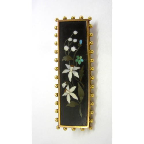 230 - Yellow Metal Mounted Pietra Dura Bar Brooch with black ground inlaid with white & blue flowers, rect... 