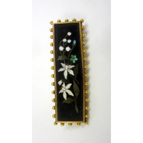 230 - Yellow Metal Mounted Pietra Dura Bar Brooch with black ground inlaid with white & blue flowers, rect... 