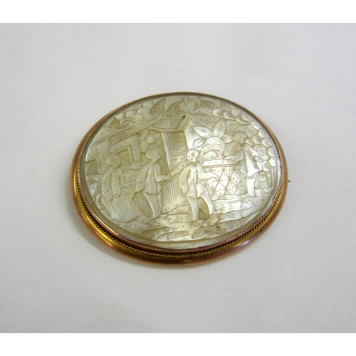 232 - Rose Gold & Mother of Pearl Engraved Brooch decorated with Chinese scenes