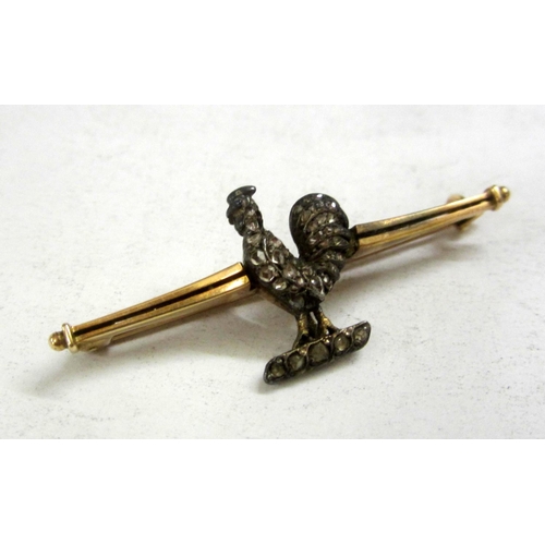 233 - Yellow Metal (tested 9ct) & Rose Cut Diamond Standing Cockerel Bar Brooch