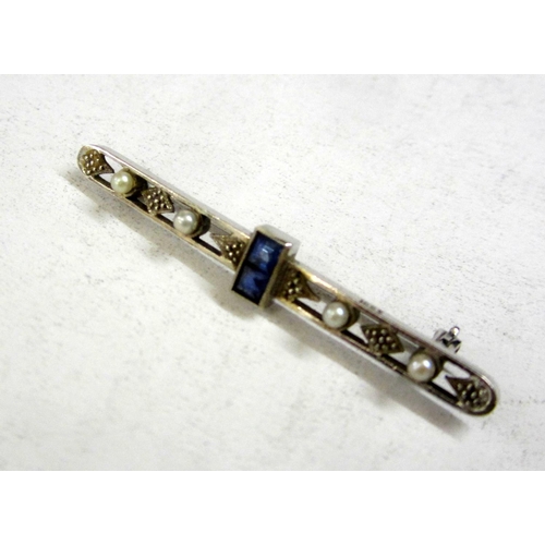 234 - 15ct White Gold Bar Brooch set 2 square sapphires & 4 seed pearls