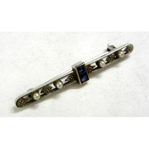 234 - 15ct White Gold Bar Brooch set 2 square sapphires & 4 seed pearls