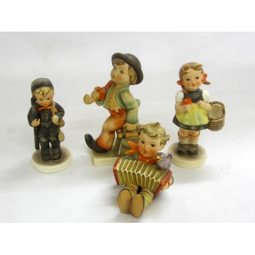 288 - Hummel Figurines Girl with basket, Boy with concertina & bird, Chimney Sweep & Boy with bag & umbrel... 