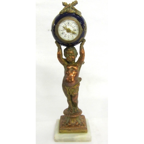 290 - C19th Small Pillar Clock with onyx bevelled base, cast copper figure partially gilded cherub holding... 