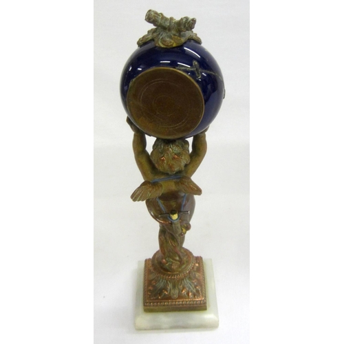 290 - C19th Small Pillar Clock with onyx bevelled base, cast copper figure partially gilded cherub holding... 