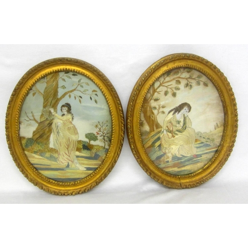 292 - Pair Gilt Framed Oval Embroidered Panels: young lady sitting with dog by a tree & young lady holding... 