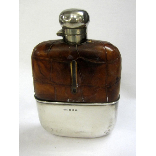 278 - Silver Spirit Flask with crocodile skin cover, bayonet cap, monogramed, hallmarked Birmingham 1928