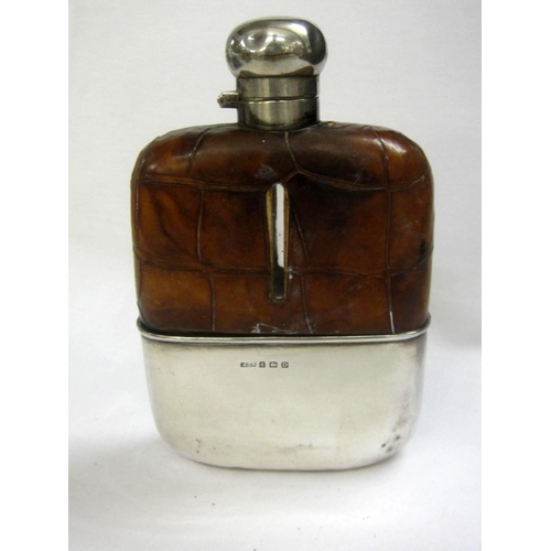 278 - Silver Spirit Flask with crocodile skin cover, bayonet cap, monogramed, hallmarked Birmingham 1928