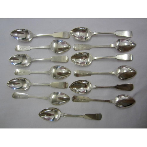 281 - Large C19th Silver Fiddle Pattern Teaspoons: Newcastle 1852 x 7 & Newcastle 1853 x 6, maker TS