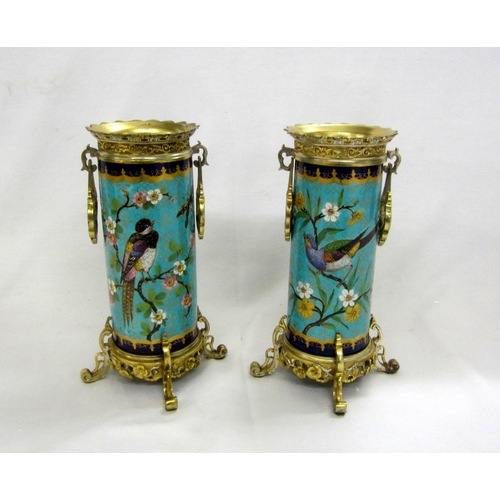 306 - Pair C19th Porcelain & Parcel Gilt Sleeve Vases, each on 4 pierced scrolling supports with naturalis... 