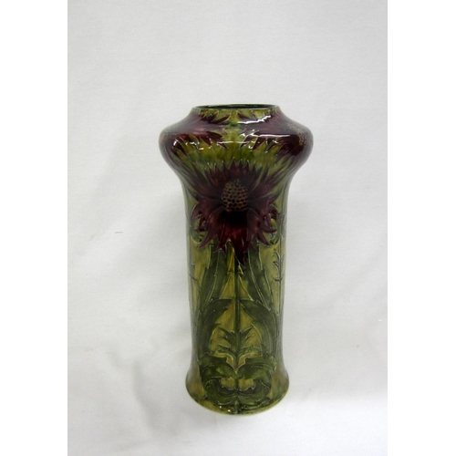 309 - C19th Morris Ware Cylinder Vase with slightly flared foot, inverted rim, tube line decoration with p... 