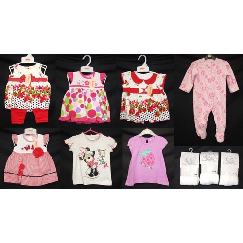 543 - As New Girls Clothing Age 3 - 6 Months: pink sleep suit, 5 dresses, Minnie Mouse T-shirt & 3 pairs w... 