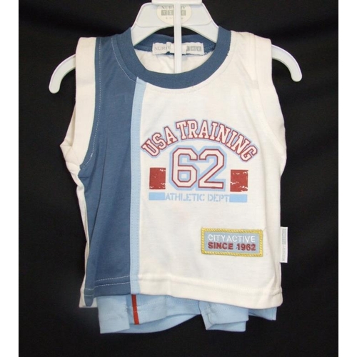 573 - As New Boys Clothing Age 18-24mths: 4 Nursery Time vest tops & shorts sets, 44 Blue shark T shirt & ... 