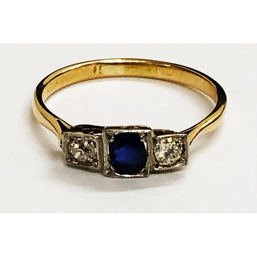 251 - Old Cut Diamond & Sapphire Ring, central bright sapphire with diamond either side in square setting ... 