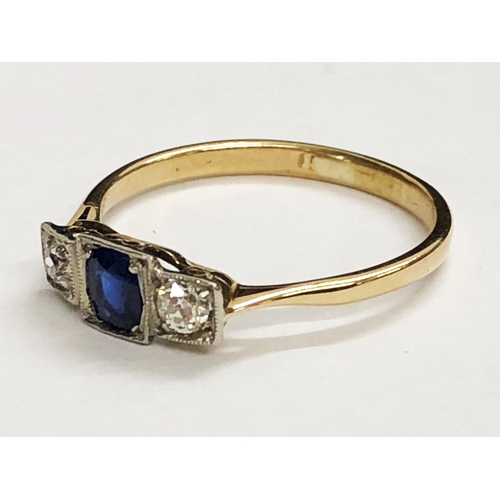 251 - Old Cut Diamond & Sapphire Ring, central bright sapphire with diamond either side in square setting ... 