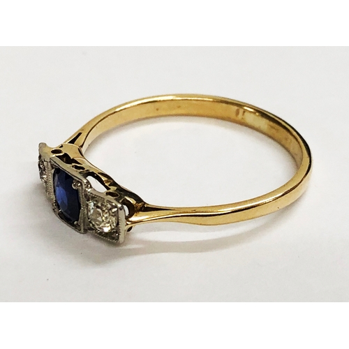 251 - Old Cut Diamond & Sapphire Ring, central bright sapphire with diamond either side in square setting ... 