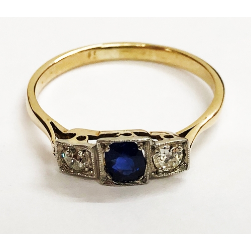 251 - Old Cut Diamond & Sapphire Ring, central bright sapphire with diamond either side in square setting ... 