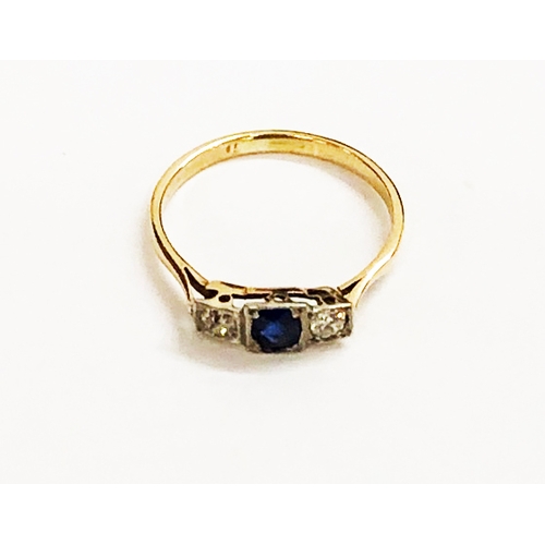 251 - Old Cut Diamond & Sapphire Ring, central bright sapphire with diamond either side in square setting ... 