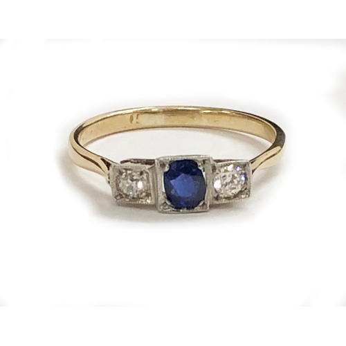 251 - Old Cut Diamond & Sapphire Ring, central bright sapphire with diamond either side in square setting ... 