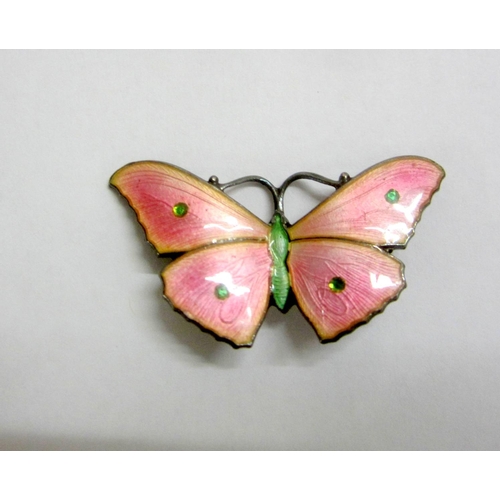 239 - Sterling Silver Pink & Green Enamelled Butterfly Brooch 1085 JA & S (John Atkins & Sons Edwardian)