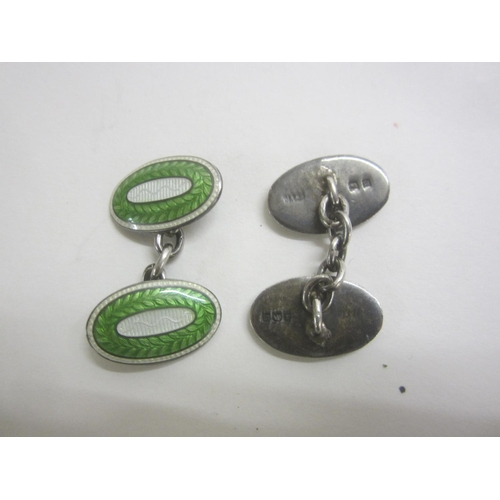 240 - Silver Green & White Enamelled Oval Chain Link Cufflinks, Hallmarked Birmingham 1911