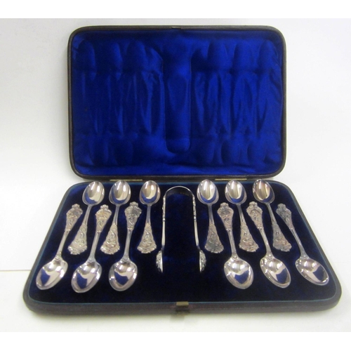 265 - Set of 12 C19th Victorian Silver Heavy Cast Teaspoons & Matching Sugar Tongs, all marked with scanti... 