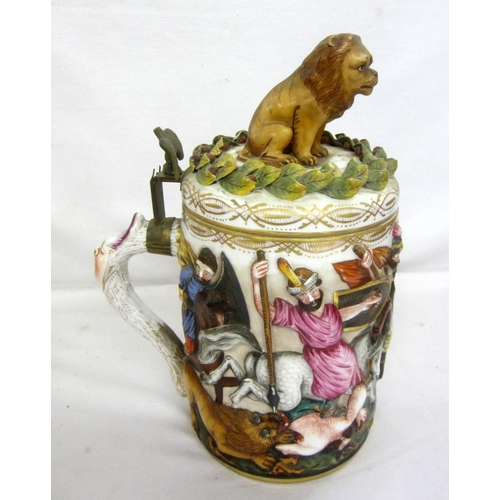 307 - C19th Naples Porcelain Tankard with deep relief body depicting lion hunt with mounted horses, top su... 