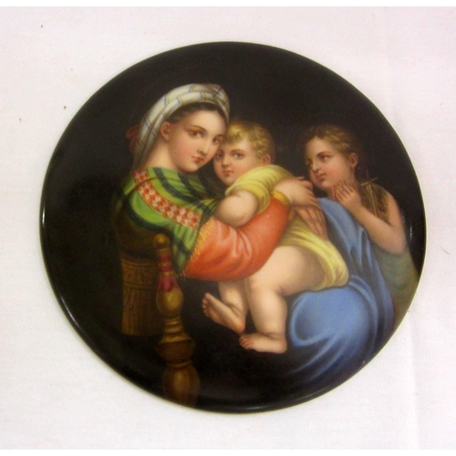 299 - Late C19th Porcelain Circular Hand Painted Plaque depicting lady wearing headscarf with child on her... 