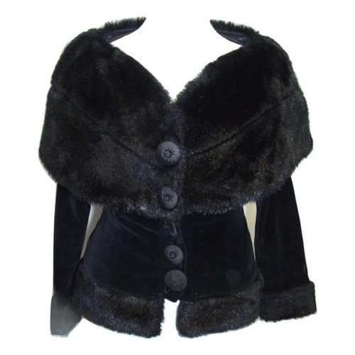 622 - Monica Cheney Black Velvet Jacket with faux fur collar & cuffs, labelled size S