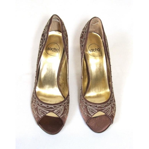 634 - Pair As New Sacha London Brown Satin Stilettos with gold brocade decoration & gold heels, size 38/5