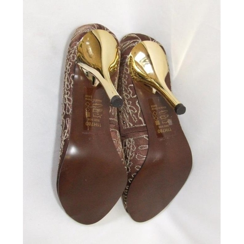 634 - Pair As New Sacha London Brown Satin Stilettos with gold brocade decoration & gold heels, size 38/5