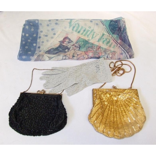 652 - 2 Vintage Cotton Camisoles, pair nylon lace gloves, gold beaded bag, black beaded bag & Vanity Fair ... 