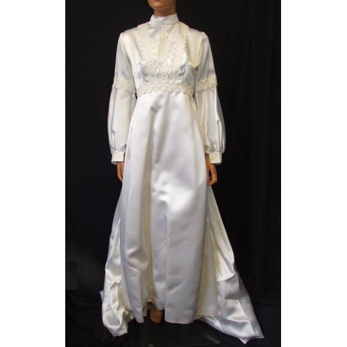 662 - Vintage 1960s/70s White Satin Wedding Dress with pellon lined train, approx. size 10